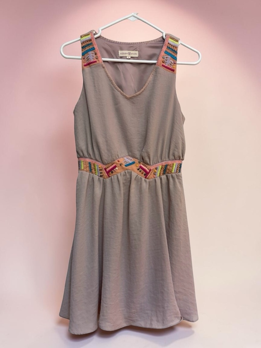 Altar'd State Embroidered Beaded Boho Mini Dress Taupe Blush Pink Size S